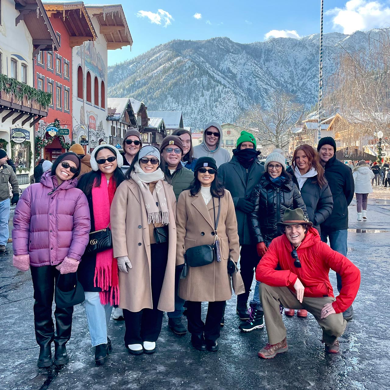 Group walking tour in the winter months of Leavenworth Christmas Town in Washington State